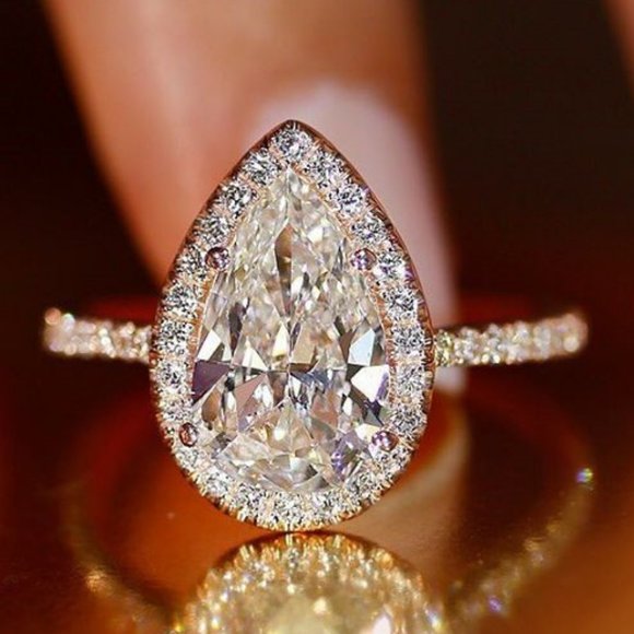 *925 Sterling Silver Teardrop Halo Diamond Ring L